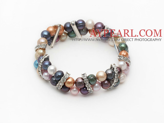 Verschiedene Multi Color 7-8mm Süßwasser Perlen Stretch-Armband mit Strass Zubehör