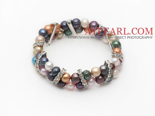 Assorted Multi Color 7-8mm Freshwater Pearl Stretch Bangle armbånd med Rhinestone tilbehør