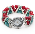 Fashion Style 6-7mm Red Coral and Turquoise Stretch Watch Bracelet with Rhinestone Accessories