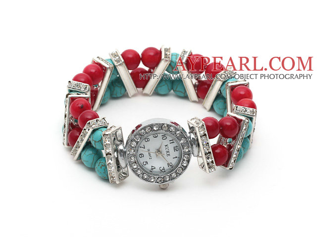 Fashion Style 6-7mm Red Coral and Turquoise Stretch Watch Bracelet with Rhinestone Accessories