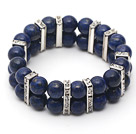 Two Rows Round 10mm Lapis Stretch Bangle Bracelet with Rhinestone Accessories