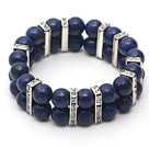 Två rader Round 10mm Lapis Stretch ARMRING armband med strass Tillbehör