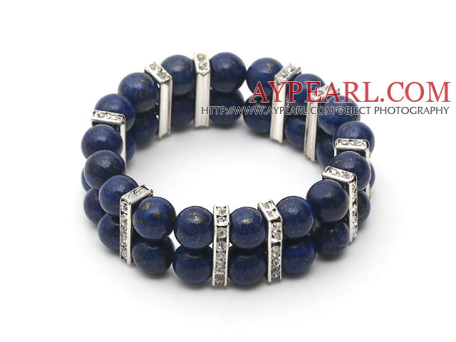 Two Rows Round 10mm Lapis Stretch Bangle Bracelet with Rhinestone Accessories