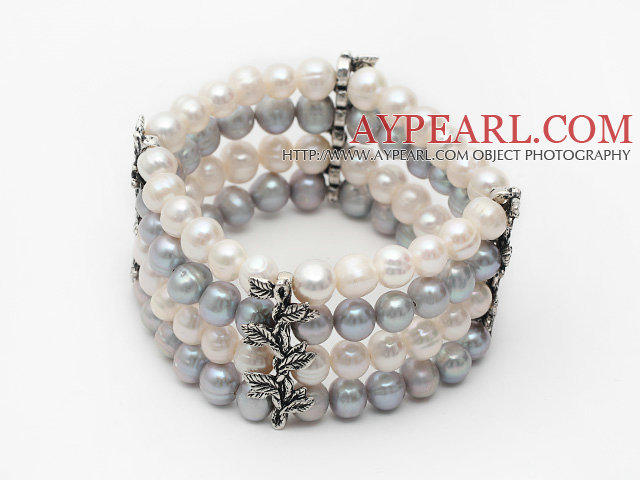 Four Rows 7-8mm Gray and White Round Freshwater Pearl Stretch Bangle Bracelet with Metal Leaf Accessories