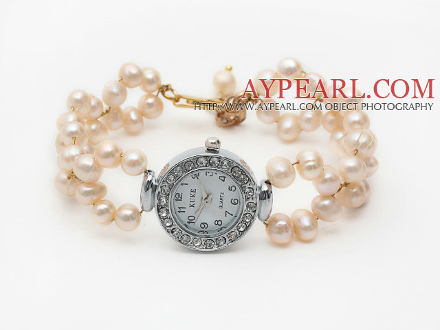 Fashion Style 6-7mm perle d'eau douce montre bracelet rose avec mousqueton