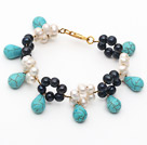 White and Black Freshwater Pearl and Drop Shape Turquoise Bracelet