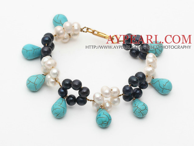 White and Black Freshwater Pearl and Drop Shape Turquoise Bracelet