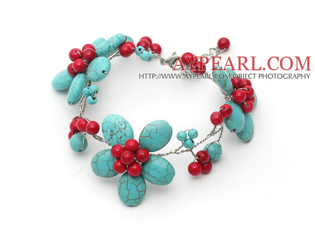 Assorted Green Turquoise and Alaqueca Flower Wire Crocheted Bracelet with Adjustable Chain