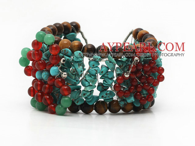 Assorted Turquoise and Tiger Eye Crocheted Wire Bracelet with Carnelian and Aventurine Butterfly
