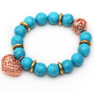 12mm Round Blue Turquoise Beaded Stretch Bracelet with Golden Rose Color Hollow Heart and Ball Accessories