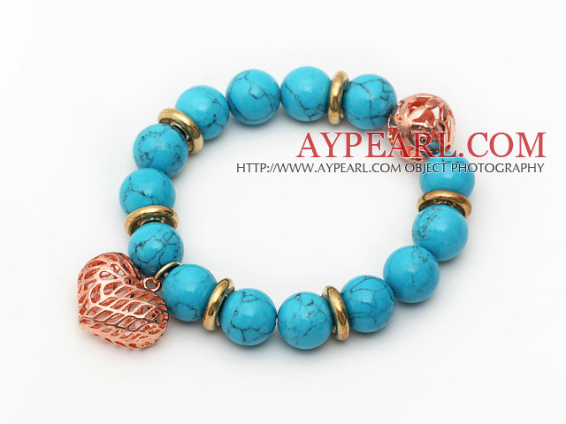 12mm Round Blue Turquoise Beaded Stretch Bracelet with Golden Rose Color Hollow Heart and Ball Accessories