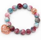 12mm Round Multi Color Jade Beaded Stretch Bracelet with Golden Rose Color Hollow Heart and Ball Accessories