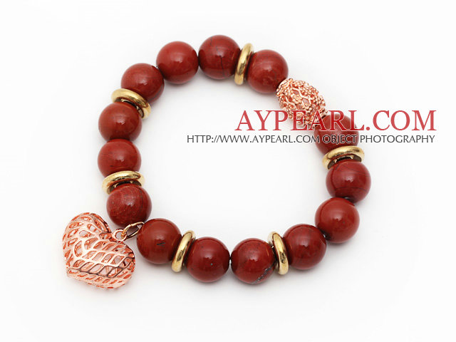 12mm Round Red Jasper Perlen Stretch-Armband mit Golden Rose Farbe hohles Herz und Ball-Zubehör