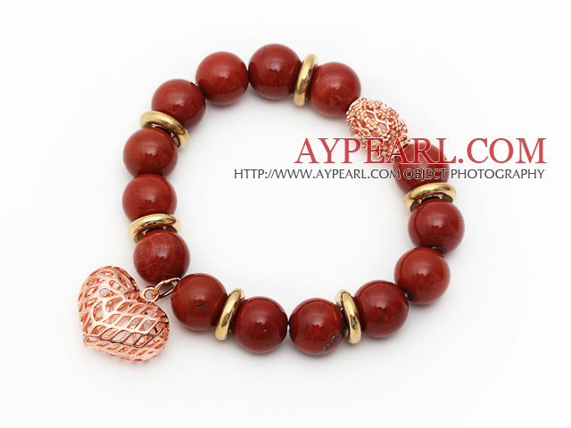 12mm Round Red Jasper Beaded Stretch armbånd med Golden Rose Color Hollow Heart and Ball Tilbehør