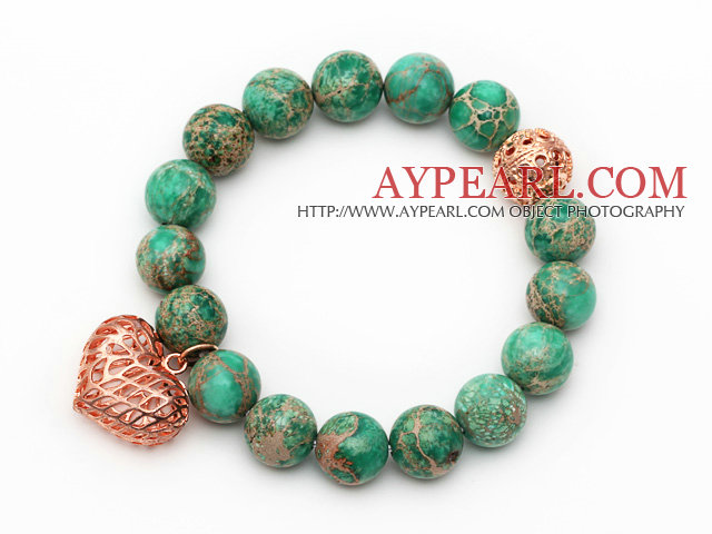 12mm Round Imperial Jasper Beaded Stretch Bracelet with Golden Rose Color Hollow Heart and Ball Accessories