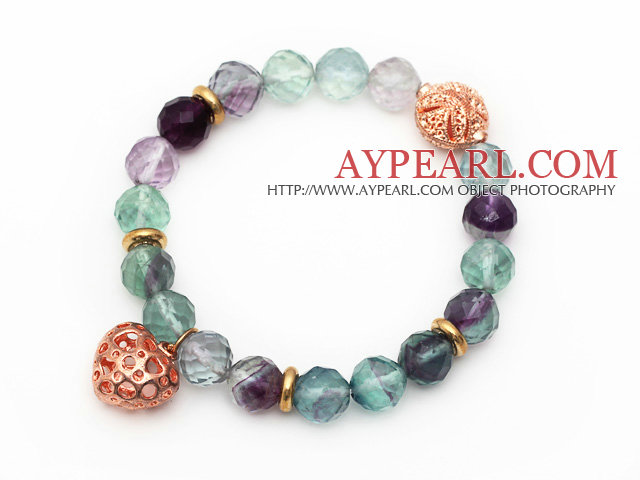 10mm Round Faceted Fluorite Beaded Stretch Bracelet with Golden Rose Color Hollow Heart and Ball Accessories
