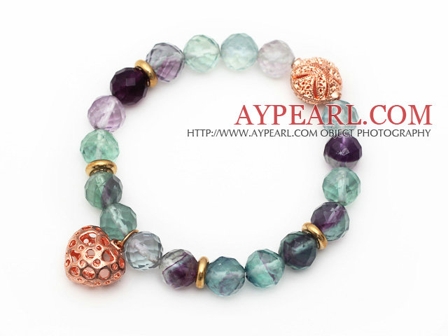 Fluorite bracelet 10mm à facettes ronde perles extensible avec Golden Rose Couleur coeur creux et bille accessoires