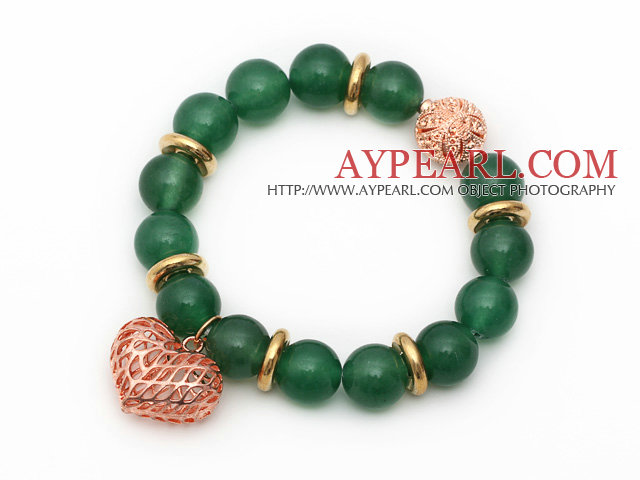 Aventurine Bracelet 12mm ronde vert perlé extensible avec Golden Rose Couleur Coeur creux et accessoires à billes
