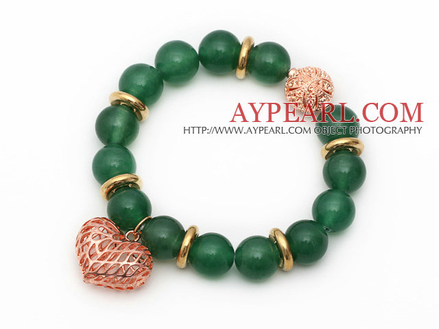 12mm Round Grønn Aventurin Beaded Stretch armbånd med Golden Rose Color Hollow Heart and Ball Tilbehør