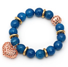 12mm Round Faceted Blue Agate Beaded Stretch Bracelet with Golden Rose Color Hollow Heart and Ball Accessories