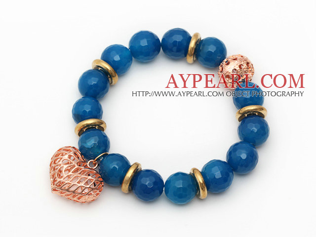 12mm Round Faceted Blue Agate Beaded Stretch Bracelet with Golden Rose Color Hollow Heart and Ball Accessories