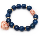 Wholesale 12mm Round Dark Blue Agate Beaded Stretch Bracelet with Golden Rose Color Hollow Heart and Ball Accessories