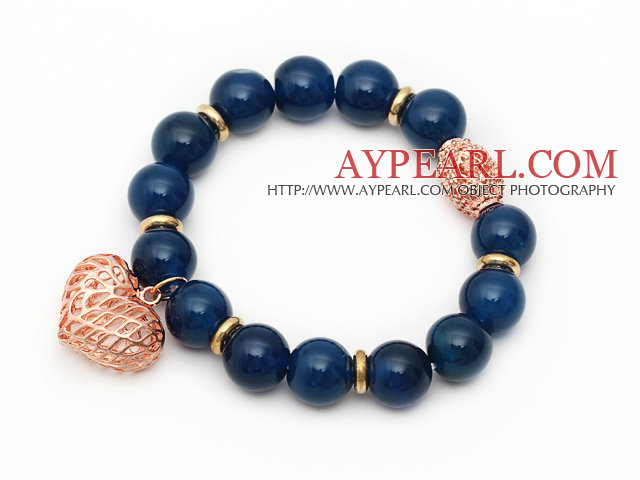 12mm Round Dark Blue Agate Beaded Stretch Bracelet with Golden Rose Color Hollow Heart and Ball Accessories