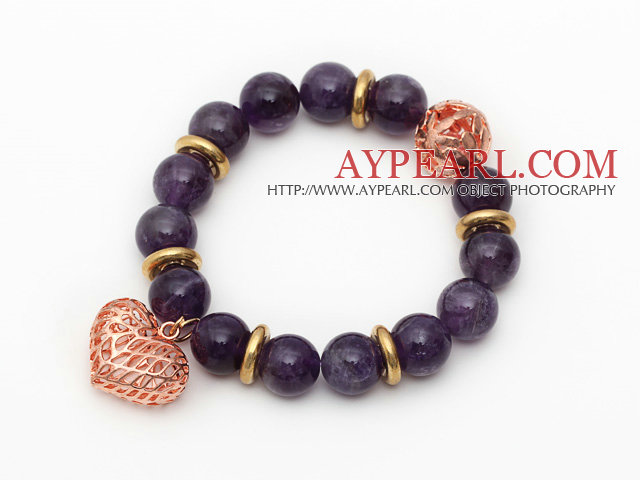 12mm runda ametist Beaded Stretch Bracelet med Golden Rose Color ihåliga hjärta och boll tillbehör