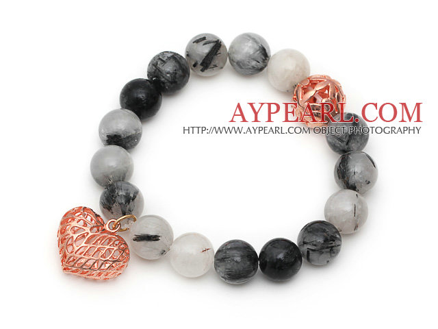 12mm Round Black Rutilated Quartz Beaded Stretch Bracelet with Golden Rose Color Hollow Heart and Ball Accessories