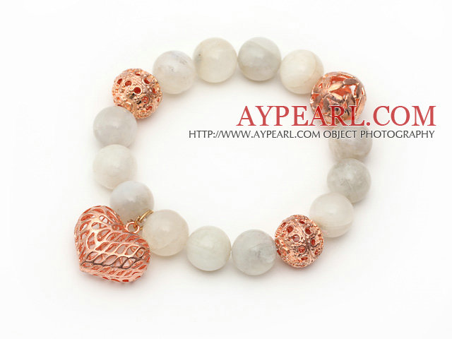 12mm Round Mondstein Perlen Stretch-Armband mit Golden Rose Farbe hohles Herz und Ball-Zubehör