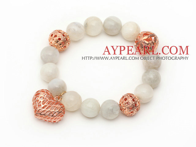 12 χιλιοστά του Γύρου Moonstone Beaded Stretch βραχιόλι με Golden Rose Color Hollow Καρδιά και Αξεσουάρ Ball