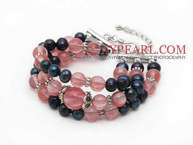 Three Strands Black Freshwater Pearl and Cherry Quartz Bracelet with Extendable Chain