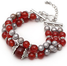 Three Strands Gray Pearl and A Grade Carnelian Bracelet with Extendable Chain