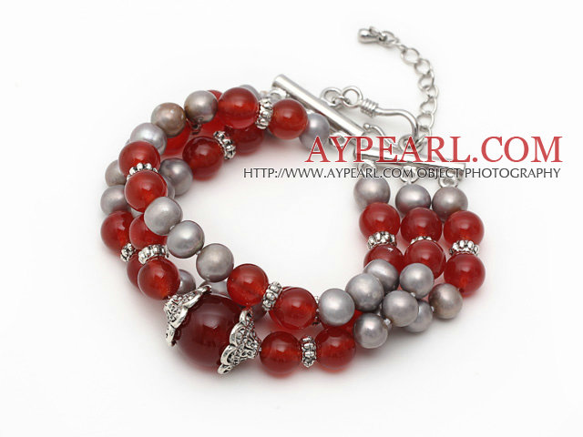 Three Strands Gray Pearl and A Grade Carnelian Bracelet with Extendable Chain