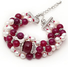 Three Strands White Freshwater Pearl and Purple Red Agate Bracelet with Extendable Chain