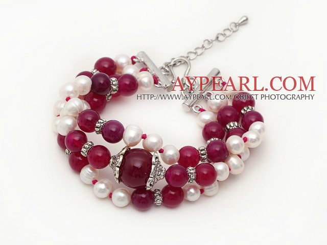 Three Strands White Freshwater Pearl and Purple Red Agate Bracelet with Extendable Chain
