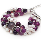 Tre Strands Hvit Freshwater Pearl og Purple Agate armbånd med uttrekkbare kjeden