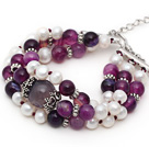 Three Strands White Freshwater Pearl and Purple Agate Bracelet with Extendable Chain