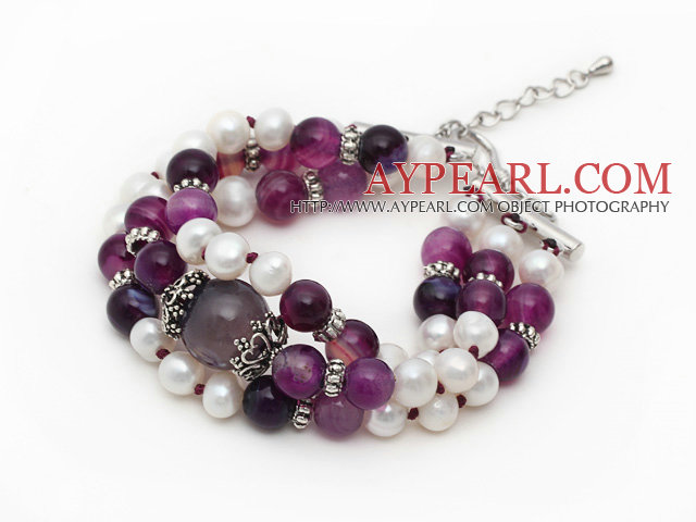 Three Strands White Freshwater Pearl and Purple Agate Bracelet with Extendable Chain