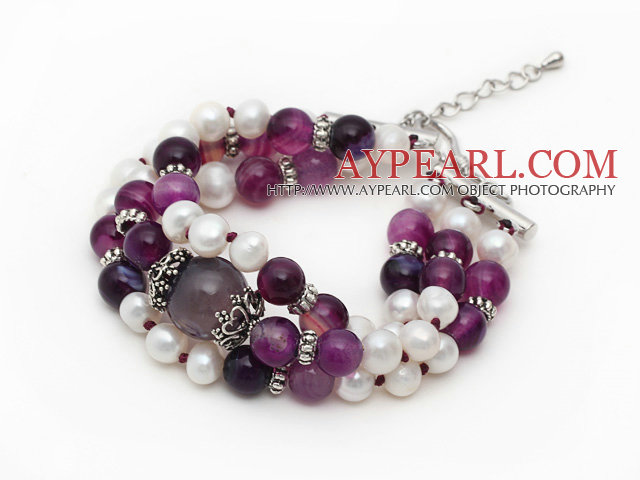 Tre Strands Hvit Freshwater Pearl og Purple Agate armbånd med uttrekkbare kjeden