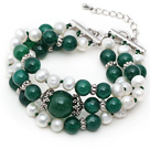 Three Strands White Freshwater Pearl and Green Agate Bracelet with Extendable Chain