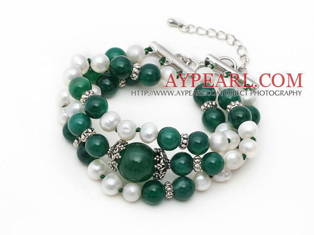 Three Strands White Freshwater Pearl and Green Agate Bracelet with Extendable Chain