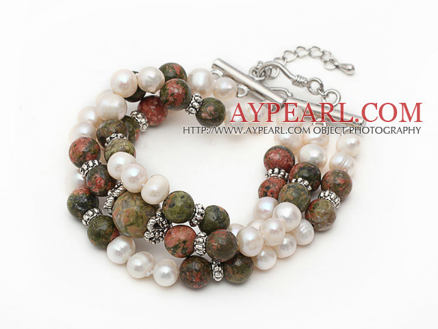 Three Strands White Freshwater Pearl and Green Piebald Stone Bracelet with Extendable Chain
