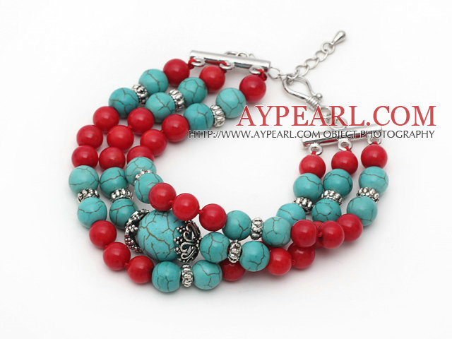 Three Strands Red Coral and Turquoise Bracelet with Extendable Chain