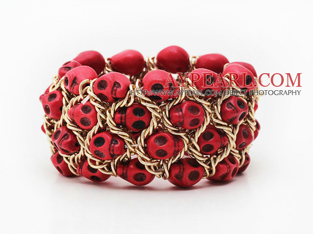 Fashion Style Dyed Red Turquoise Skull Stretch Cuff Bracelet with Yellow Color Metal Chain