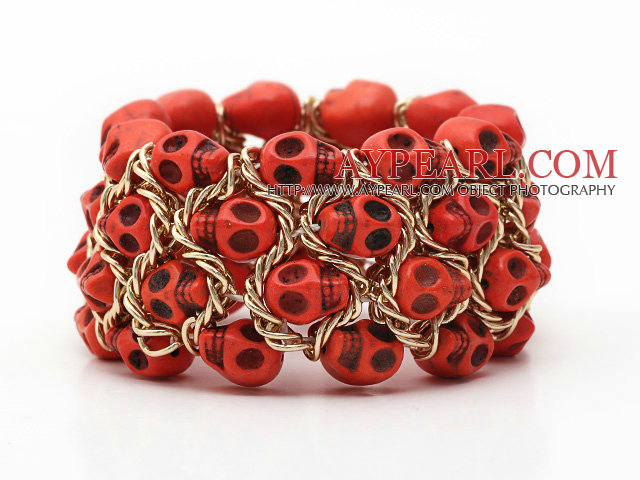 Fashion Style Dyed Orange Red Turquoise Skull Stretch Cuff Bracelet with Yellow Color Metal Chain