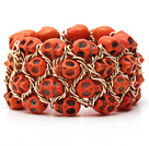 Fashion Style Dyed Orange Yellow Turquoise Skull Stretch Cuff Bracelet with Yellow Color Metal Chain