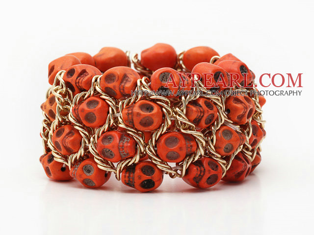 Fashion Style Dyed Orange Yellow Turquoise Skull Stretch Cuff Bracelet with Yellow Color Metal Chain