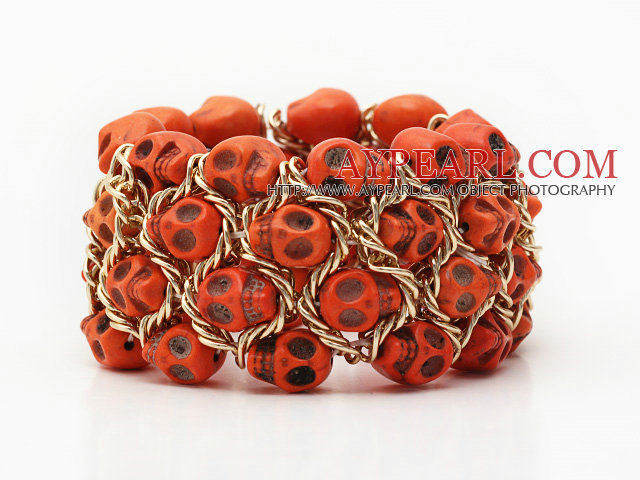 Mote Stil ensfargede Orange Gul Turkis Skull Stretch Cuff armbånd med gul farge Metal Chain