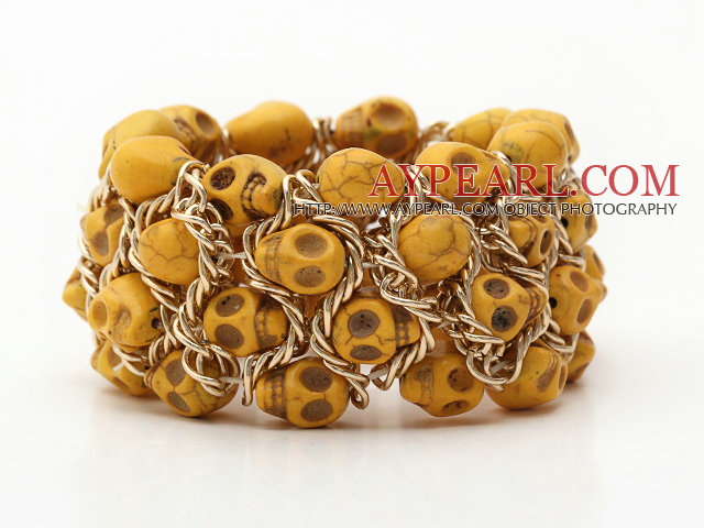 Style de teint Skull Bracelet extensible Jaune Citron turquoise de mode de manchette avec jaune chaîne en métal de couleur